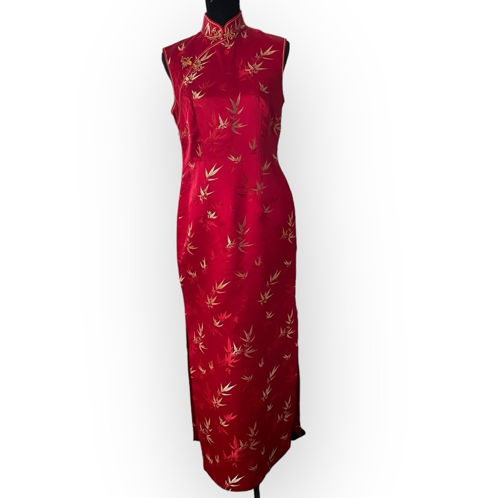 Chinese women’s cheongsam embroidered slit dress red size 10